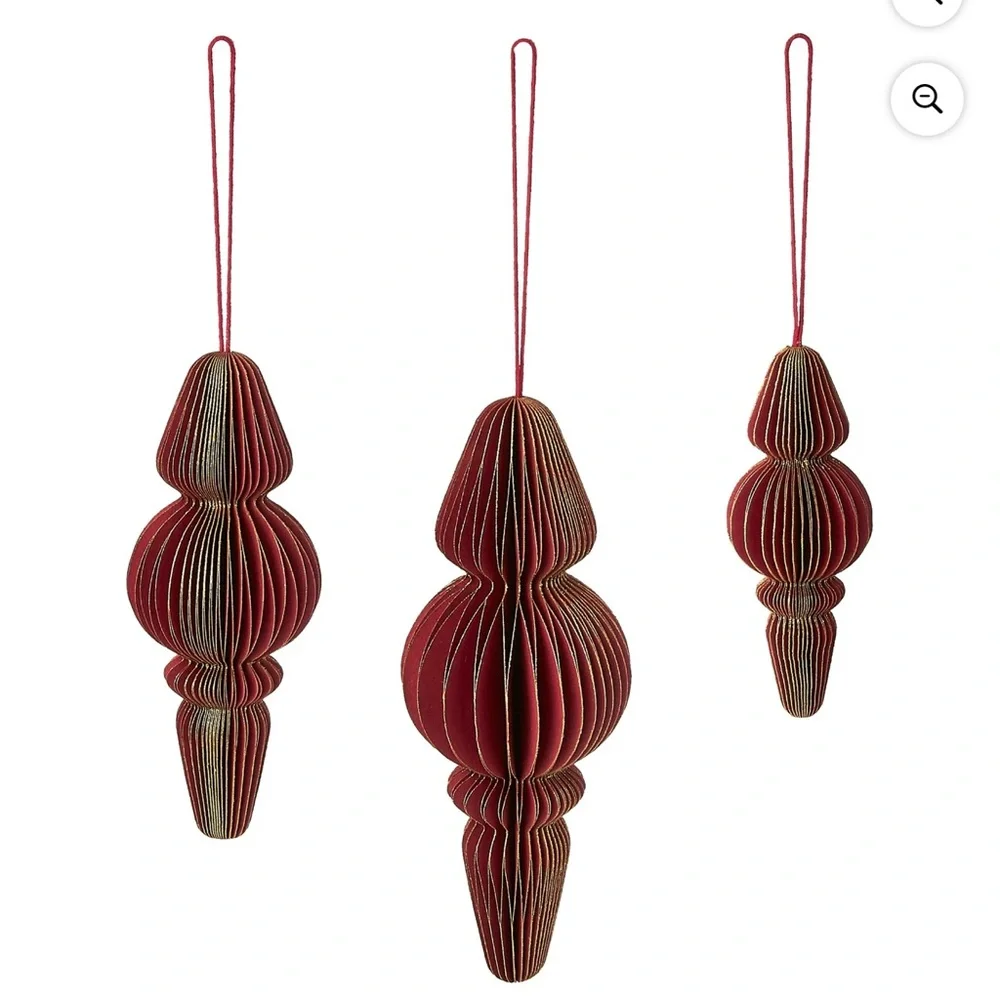 New! Holiday Time Set of 3 Red Paper Finial Christmas Holiday Ornaments / Decor